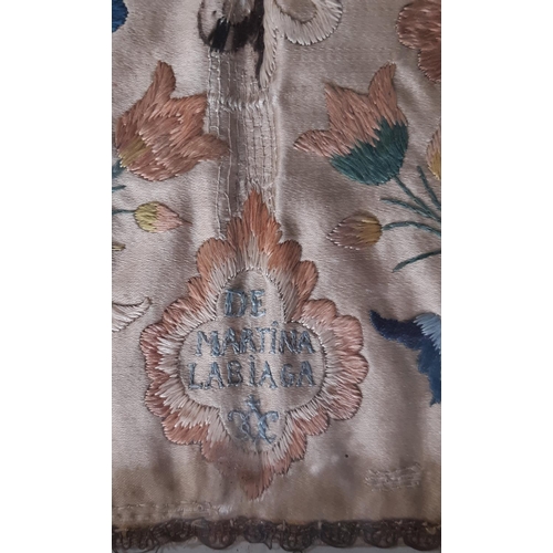 1591 - 18th century Spanish embroidered silk panel with a floral design in satin stich arranged in quadrant... 