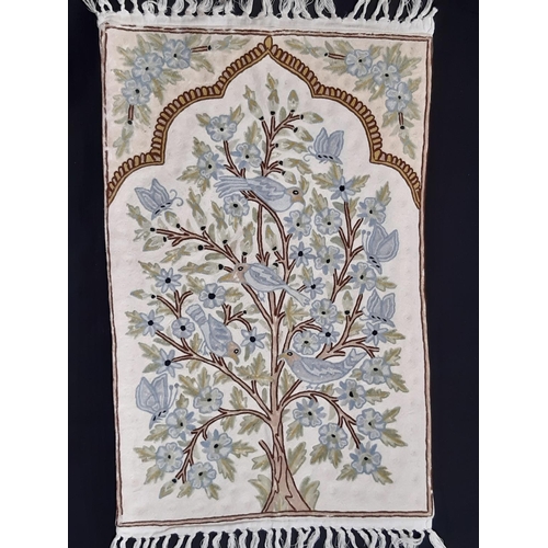 1581 - Mixed lot of Eastern style textiles including a small crewel work mat depicting birds in a tree 51x8... 