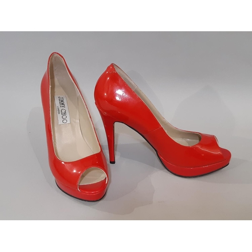 1616 - Pair of ladies shoes by Jimmy Choo in red patent leather, with peep toe and stiletto heel, size 39, ... 