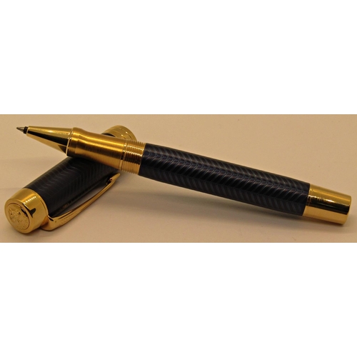 1548 - Parker Rollerball pen with blue feathered finish and gold coloured, box, paperwork and refill, unuse... 