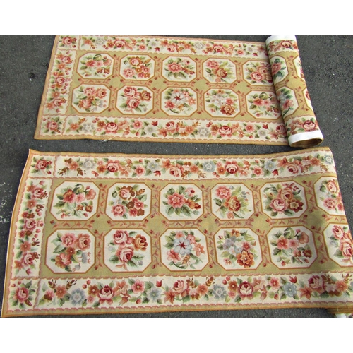 2551 - Two lengths of Aubusson style floral tapestry runners, 480cm and 366cm both 84cm wide.