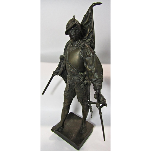 1646 - Two 19th century bronze statues of a French Cross Bow Man and an Infantry Man carrying a flag both s... 