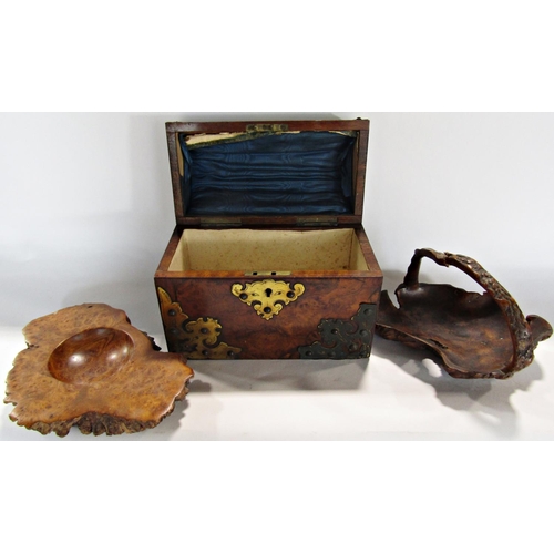 1666 - A Victorian burr walnut brass overlaid domed box, a wooden bowl of natural form with a handle(af) wi... 