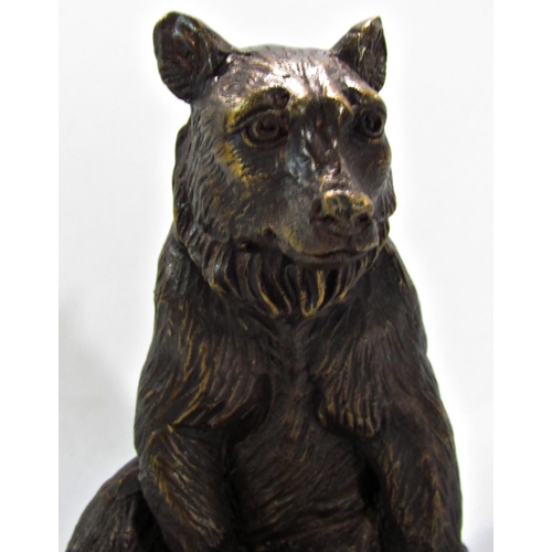 1695 - Bronze brown bear pen holder with a single gilt swivel holder and double ended pen.