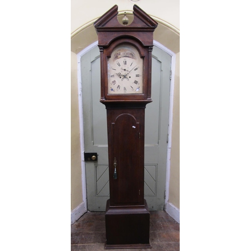 2671 - A Georgian oak longcase clock, the hood with architectural pediment enclosing a broken arch painted ... 