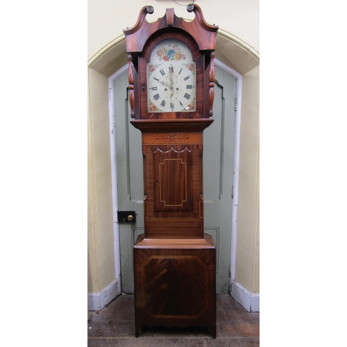 2672 - A substantial mid-19th century longcase clock, the hood with turned column supports and swan neck pe... 