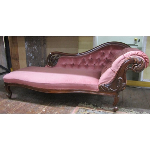 2693 - Victorian mahogany chaise longue, the show wood frame with carved and pierced detail, upholstered an... 