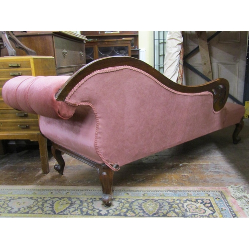 2693 - Victorian mahogany chaise longue, the show wood frame with carved and pierced detail, upholstered an... 