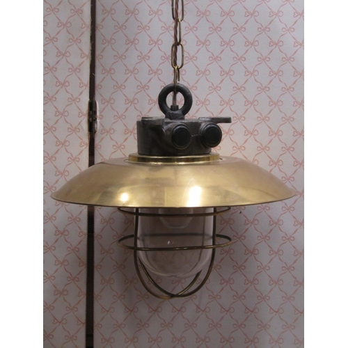 2719 - A good quality retro cast iron and polished brass industrial light burning a single bulb, 85 cm diam... 