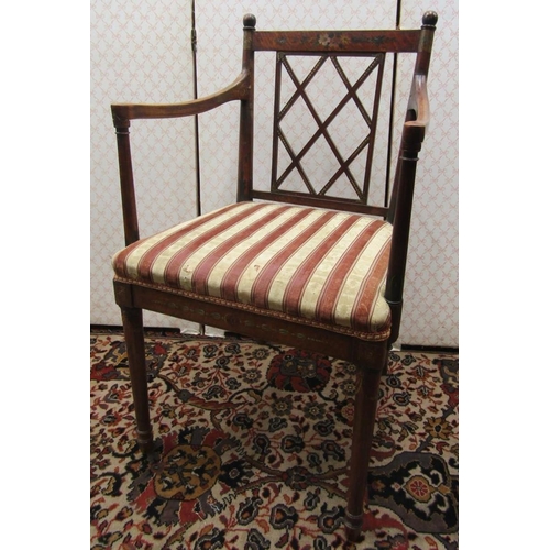 2734 - A Regency countrymade elbow chair with lattice work back and upholstered seat, the frame with painte... 