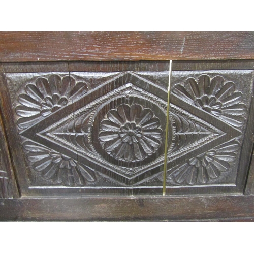 2737 - An old English dresser fitted with three frieze drawers on shaped supports with raised and panelled ... 