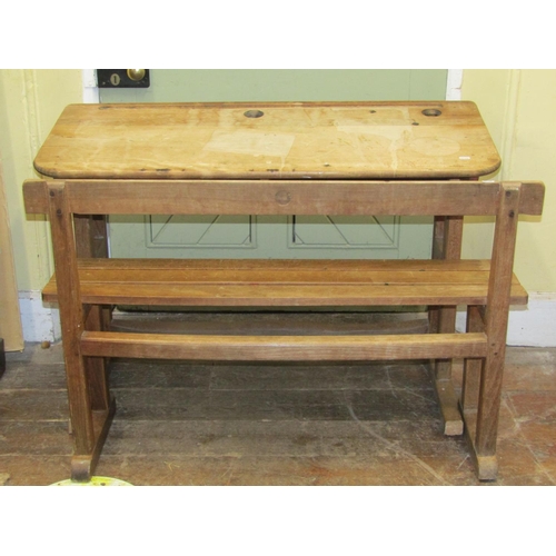 2738 - A vintage school desk for two pupils together with matching bench, 110cm wide