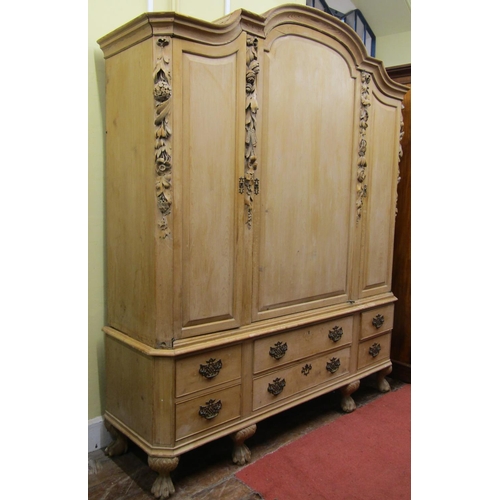 2755 - 19th century stripped and waxed pine cupboard, the lower section enclosed by a series of drawers ove... 