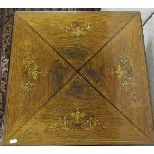 2806 - Edwardian Rosewood and marquetry envelope card table on shaped supports with under gallery