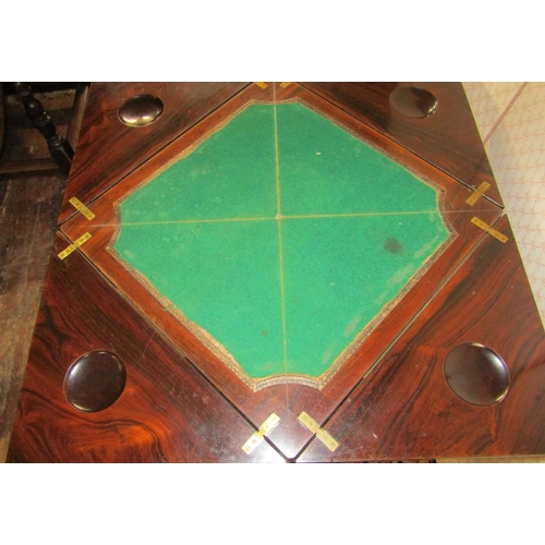 2806 - Edwardian Rosewood and marquetry envelope card table on shaped supports with under gallery