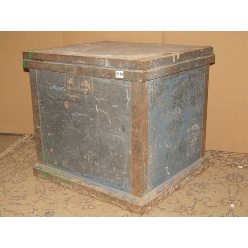 2134 - An unusual 19th century pine box with painted finish, drop carrying handles and iron strap work fitt... 