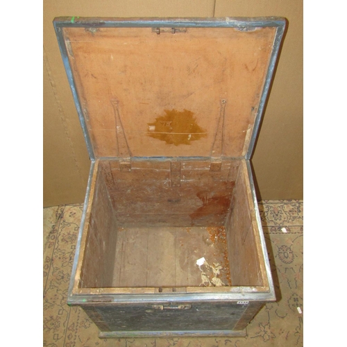 2134 - An unusual 19th century pine box with painted finish, drop carrying handles and iron strap work fitt... 