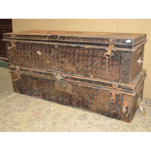 2138 - Two vintage Japanned steel trunks one with painted lettering to lid, H M Darlow, RN, 107 cm long x 3... 