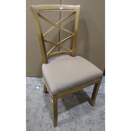 2142 - A set of six contemporary reproduction Regency style dining chairs with light beechwood frames, doub... 