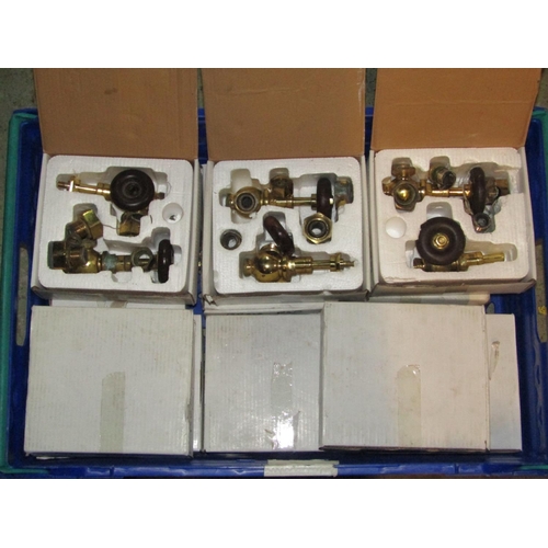 2161 - A quantity of boxed brass radiator taps and fittings, together with five small circular wall lights