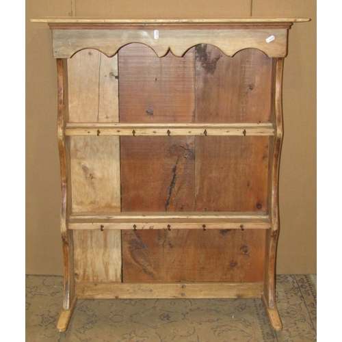 2458 - A small rustic stripped pine kitchen dresser rack with two fixed open shelves 79 cm wide x 28 cm dee... 