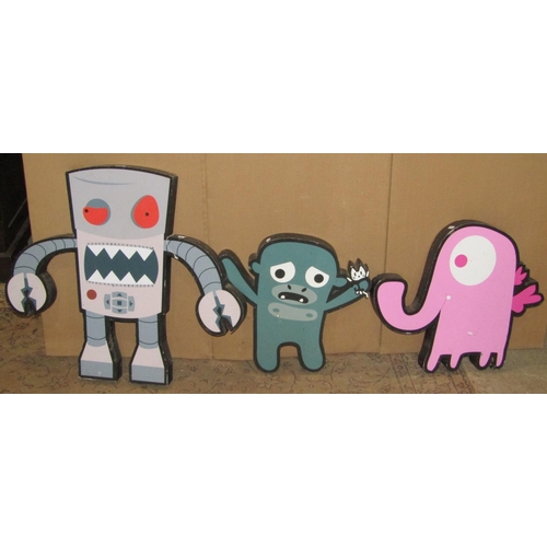 2494 - Three colourful composite signs/plaques in the form of a robot, pink elephant and bear holding a kit... 