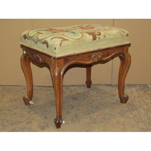 2504 - 19th century rose wood stool with floral tapestry upholstered seat raised on scrolled cabriole suppo... 