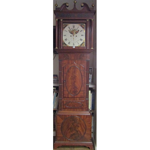 2673 - A Regency mahogany longcase clock, the hood with double column supports, painted frieze, swan neck p... 