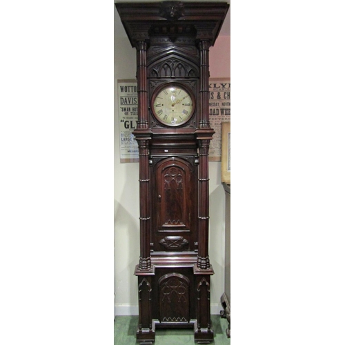 2675 - A most unusual Victorian gothic longcase clock, the case supported by four columns, the trunk with l... 