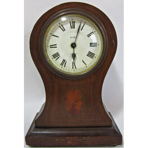 1496 - Edwardian mahogany mantel clock in a balloon shaped inlaid case, 19th century porcelain floral encru... 