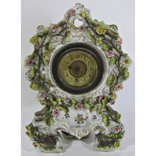 1496 - Edwardian mahogany mantel clock in a balloon shaped inlaid case, 19th century porcelain floral encru... 