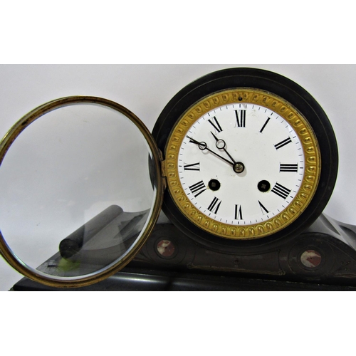 1497 - Victorian black slate mantel clock with drum movement, enamel dial and striking action