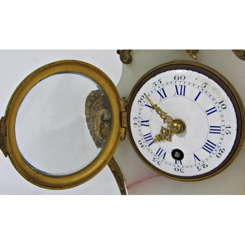 1501 - A small 19th century white onyx and brass overlaid rococo style mantel clock, enamel dial and eight ... 