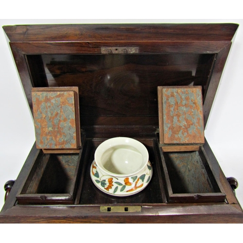 1761 - A large Regency rosewood sarcophagus tea caddy, with a well fitted interior mixing bowl (not origina... 