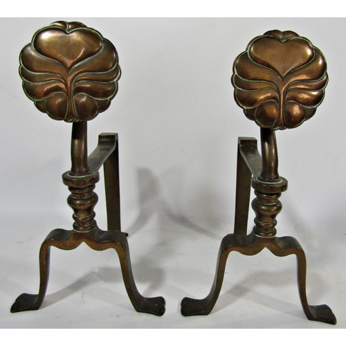 1819 - A pair of arts and crafts brass andirons with stylised flower decoration to the arms