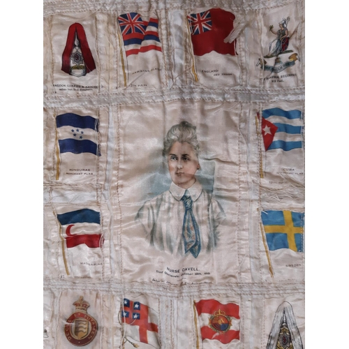 1633 - Early 20th century panel featuring a large collection of WW1 cigarette silks of regiments, flags, mi... 