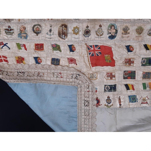 1633 - Early 20th century panel featuring a large collection of WW1 cigarette silks of regiments, flags, mi... 