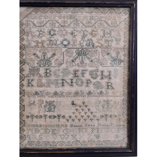 36 - Two eighteenth century needlework samplers, one showing alphabet and the ten commandments dated 'OCT... 