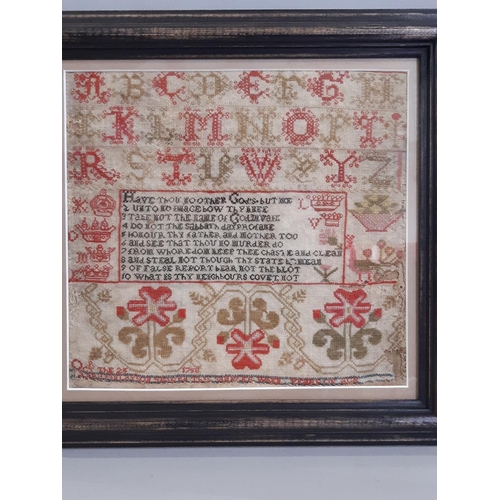 36 - Two eighteenth century needlework samplers, one showing alphabet and the ten commandments dated 'OCT... 