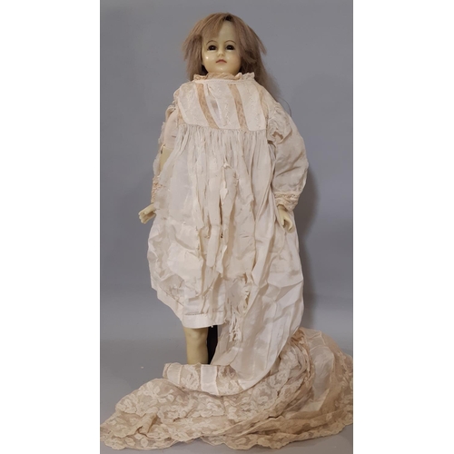 397 - 19th century wax shoulder head doll with (later) soft body, hollow wax limbs, fixed brown glass eyes... 