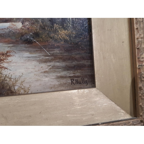 46 - R. Hulls - River Scene, oil on board, signed lower right, in moulded gilt frame, 15 x 20 cm