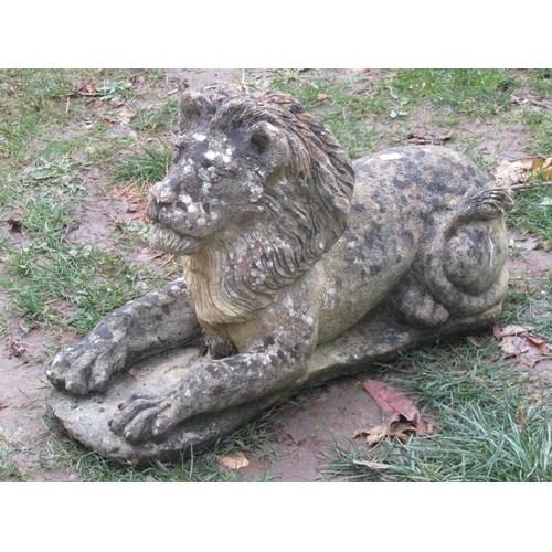 2028 - A weathered cast composition stone garden in the form of a recumbent lion with flowing mane, 38 cm h... 