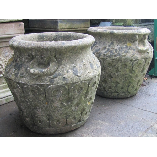 2038 - A pair of Cotswold Studios weathered composition stone garden urns, approx 40 cm diameter x 40 cm hi... 