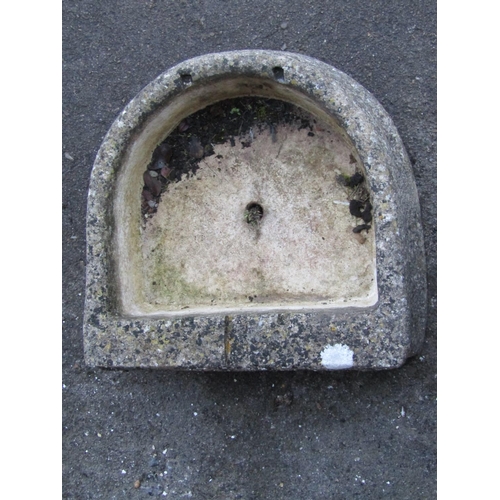 2075 - A shallow weathered composition stone D shaped trough with drainage hole and cut out channel, 46 cm ... 