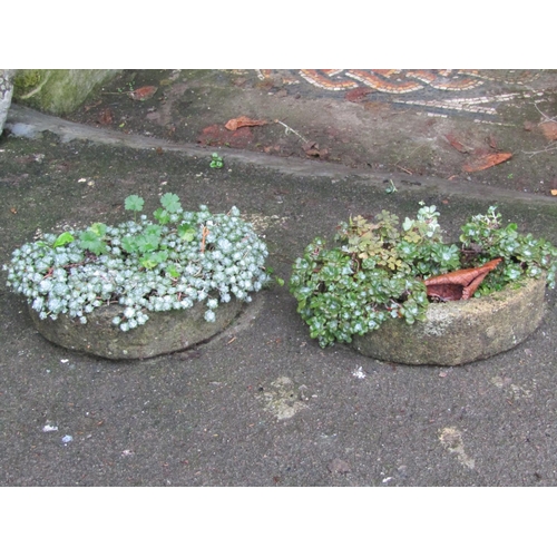 2090 - A pair of small weathered cast composition stone D shaped troughs (planted) 28 cm wide x 20 cm deep ... 