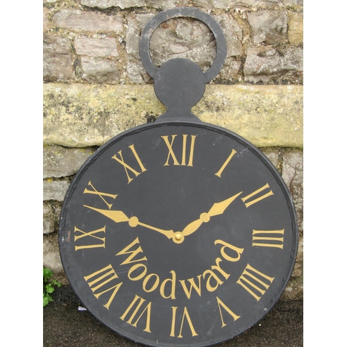 2101 - A decorative double sided cast iron sign, in the form of an outsized pocket watch, 62 cm diameter x ... 