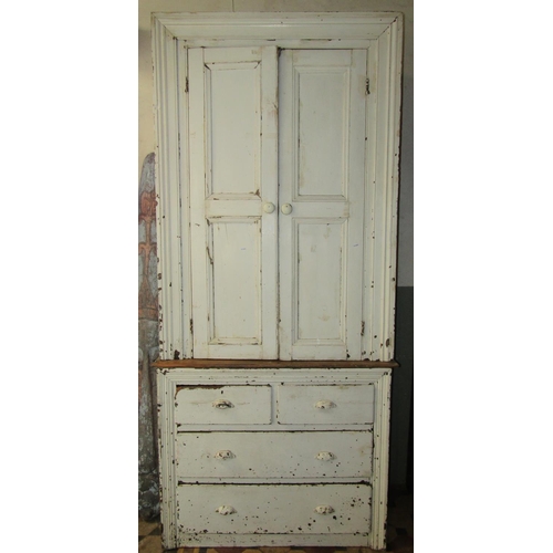 2109 - A rustic antique pine two sectional alcove housekeepers cupboard with painted finish and moulded sur... 