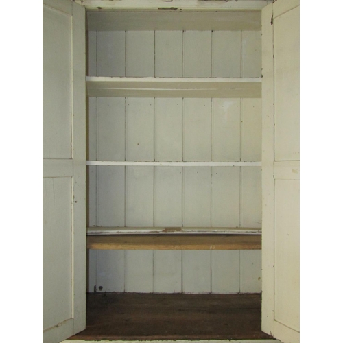 2109 - A rustic antique pine two sectional alcove housekeepers cupboard with painted finish and moulded sur... 