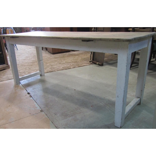 2211 - A pine scrub top kitchen table of rectangular form raised on painted square tapered supports partial... 