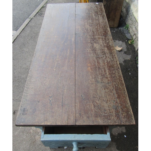 2225 - An antique old English style oak table, the rectangular top raised on later painted turned supports ... 